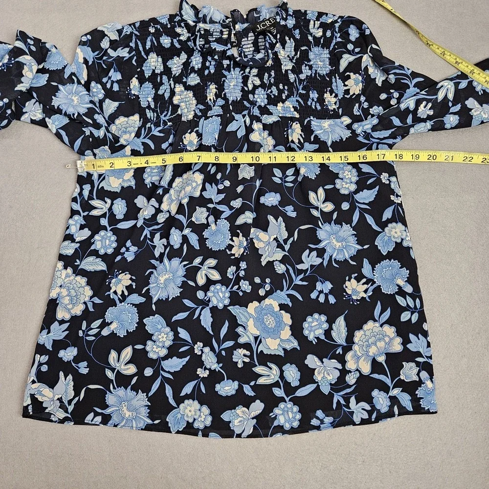 J.Crew Blouse‎ Sz XS Smocked Ruffleneck Chiffon Top Midnight Blue Floral Cottage